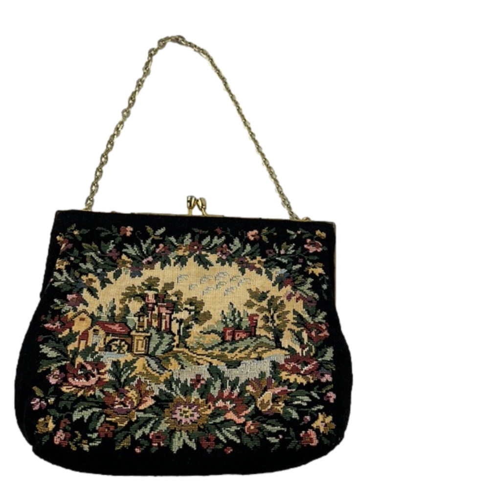 Small Black Tapestry  Handbag with Gold Chain